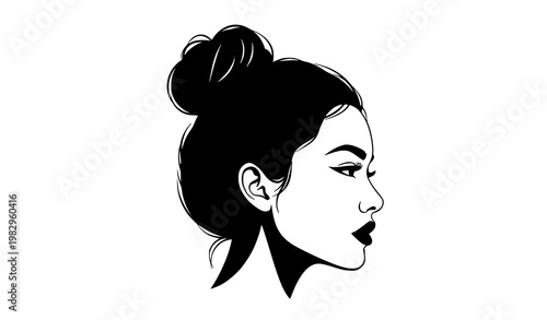 Minimal woman side profile with top knot bun black silhouette vector illustration