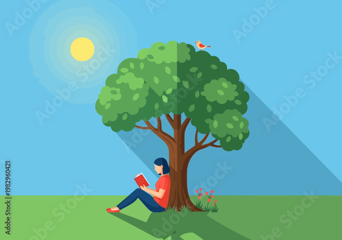 木の下で本を読む女性と鳥がいる、晴れた日の屋外シーンです。