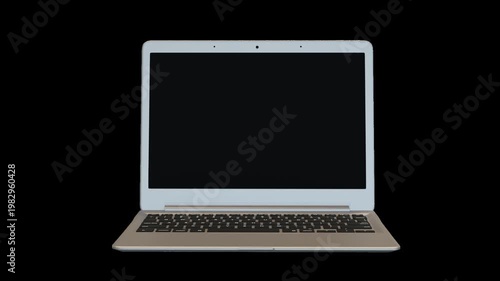 laptop in movimento, apertura, su sfondo trasparente, rendering 3d