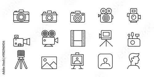 Photography and videography icon set with various camera equipment and media symbols on transparent background.