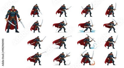Medieval knight character sprite sheet with 17 action poses, fantasy warrior with red cape and sword, game design assets for combat animation