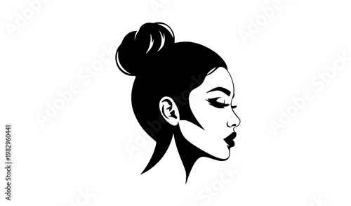 Stylized woman profile portrait with top knot bun black and white vector art