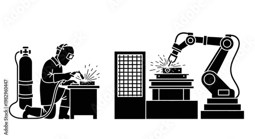 Industrial worker and robotic arm welding.