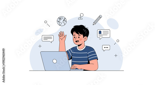 Boy Waving Hand Online Class Laptop Education Globe Pencil Chat Bubbles