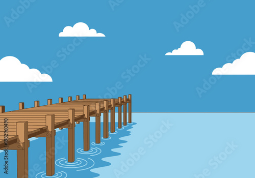 木製の桟橋が海に伸びている様子で、青空と白い雲が背景にあるシンプルなイラストです。