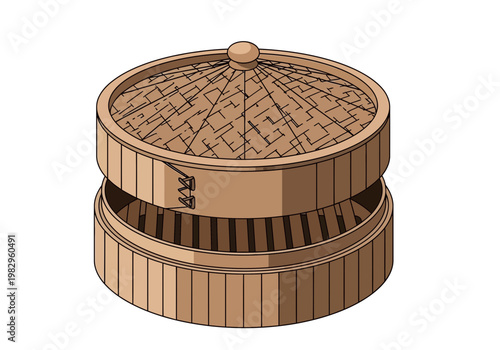 木製の蒸し器で、二段構造になっており、上段には格子状の蓋がついている。