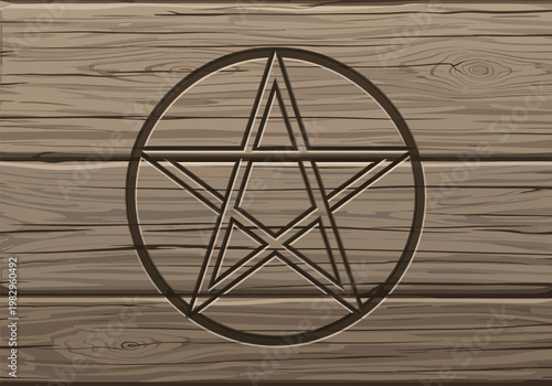 木製の背景に描かれた五芒星の魔術陣模様が中央に配置されている画像です。