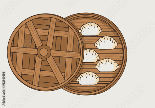 木製の蒸籠に入った蒸し餃子が並んでいるシンプルなイラスト。