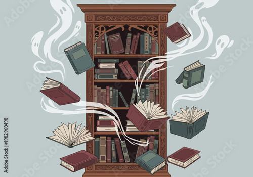 本棚から本が飛び出し、煙のように舞い上がる様子を描いたイラスト。
