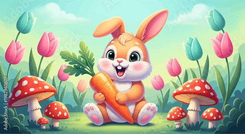 Cute Easter Bunny Holding Carrot in Spring Garden with Tulips and Mushrooms