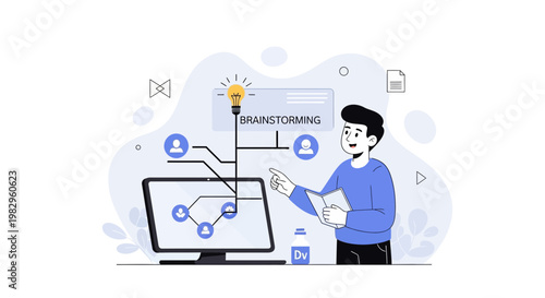 Brainstorming session with digital mind map and team collaboration concept