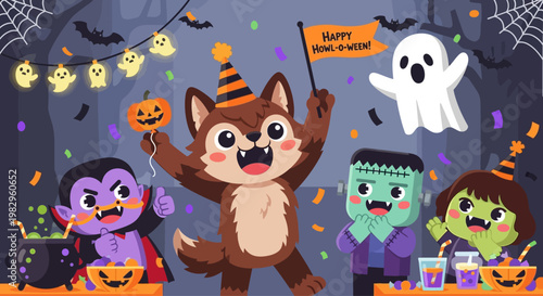 Cute Halloween characters celebrating with candy and decorations