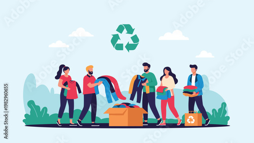 Community volunteers sorting donated clothes into a cardboard box under a green recycling symbol to promote sustainability.