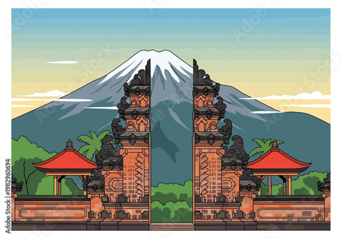 活火山の背景に伝統的なバリの門と建築が配置された風景のイラスト。
