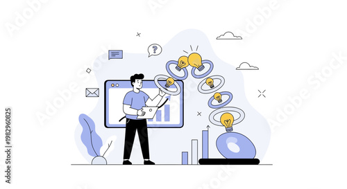Business Idea Generation and Growth Concept with Businessman and Lightbulbs
