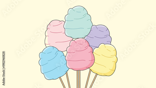 Colorful assortment of cotton candy clouds on wooden sticks in shades of pink, blue, yellow, and purple on a soft yellow base.