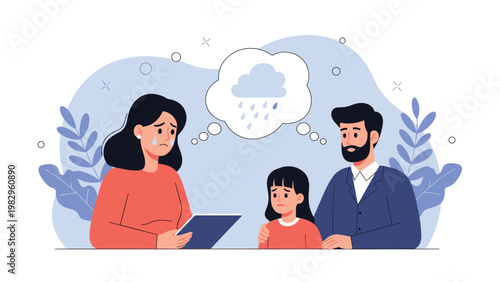 Sad family including a mother, father, and daughter appearing worried with a rainy cloud thought bubble above their heads.