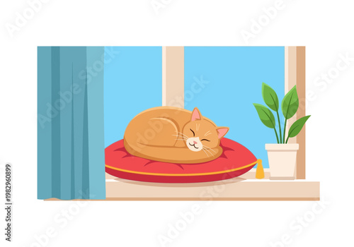 窓辺の赤いクッションの上で丸まって寝ている茶色の猫のイラスト。
