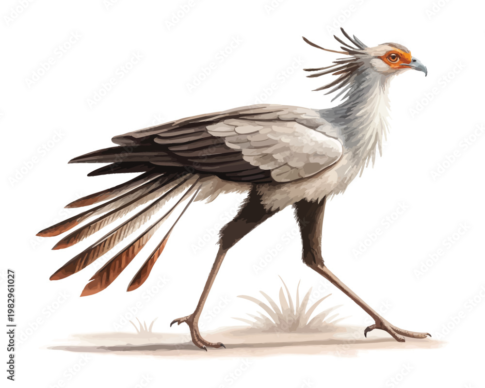 Fototapeta premium Watercolor Secretary Bird Illustration, Tall African Bird Clipart vector isolated on white background