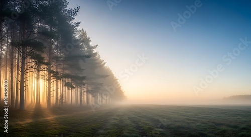 Misty sunrise filters through pine trees casting long shadows across a dew covered meadow creating a serene natural landscape.