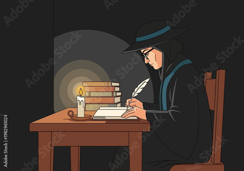 講演者が机に向かい、羽ペンで書きながら、ろうそくの明かりの下で読書をしている様子。