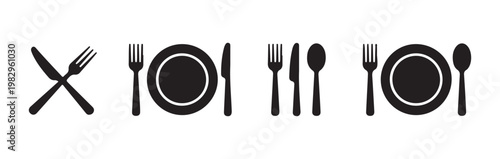 Restaurant flat icons showing crossed knife fork and plate settings for catering and hospitality branding.