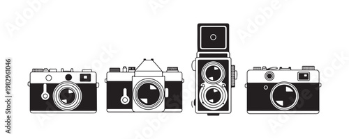 Retro camera collection with vintage rangefinder slr and tlr photographic equipment on transparent background.
