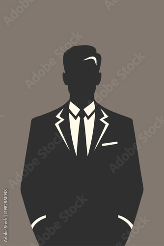 Logo moda de caballero. Dibujo minimalista con la silueta de un hombre con traje, camisa y corbata, visto de frente con las manos en los bolsillos 