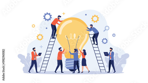 Team of tiny professionals working together to build a giant glowing light bulb as a symbol of innovation and brainstorming.