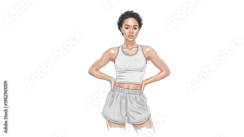 Woman wearing white sports bra and gray shorts with a transparent background PNG stands confidently