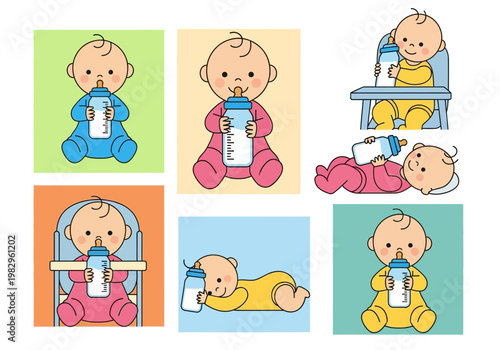赤ちゃんが哺乳瓶を持ち、さまざまなポーズで座ったり横になったりしているイラストです。