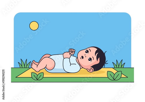赤ちゃんが横になって寝ている姿で、草の上にいる様子が描かれているイラストです。