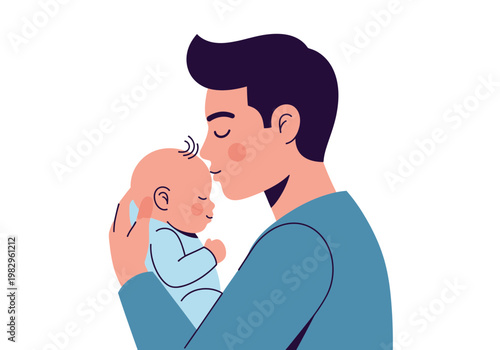 赤ちゃんを抱きしめる男性のイラストで、優しい表情と温かさが伝わるシーンです。