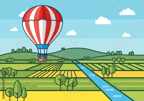 赤と白の縞模様の熱気球が青空を飛び、広大な田園風景と流れる川が広がる風景。