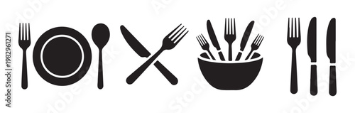 Set of cutlery and plates in black silhouette on a transparent background for design.