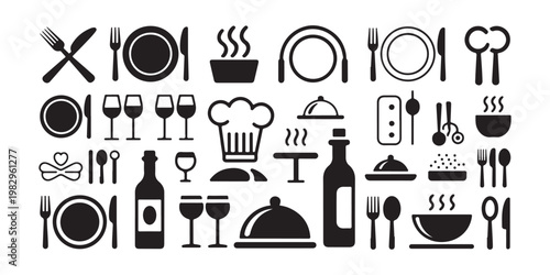 Collection of restaurant and kitchen icons in black silhouette on transparent background.