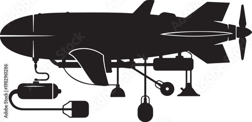 Black drone silhouette, aerial vehicle, unmanned aircraft, surveillance tool, robotics