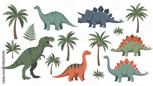 Collection of prehistoric dinosaurs including Tyrannosaurus Rex and Stegosaurus among tropical palm trees on a white background.
