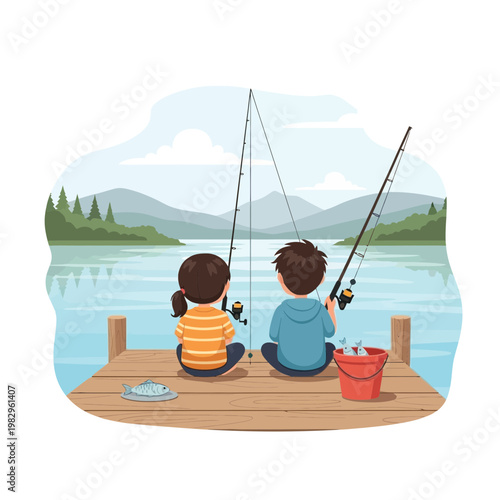 釣りを楽しむ子供たちが、湖の桟橋に座って釣り竿を持っている様子。
