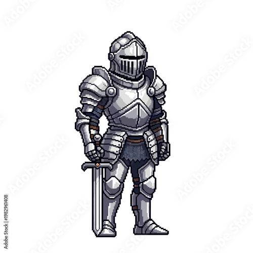 鎧を着た騎士のキャラクターが中央に立っている。詳細な装備と剣を持っている。