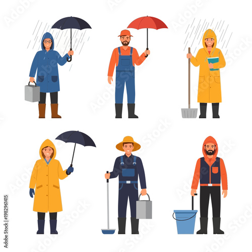 雨の日に傘を持っている男女のイラスト、さまざまな服装と持ち物を持つ人物たちが描かれている。