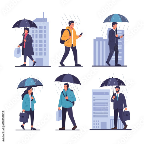 雨の日に傘をさして歩くビジネスマンとビジネスウーマンのイラスト。