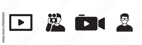 Collection of icons representing video playback and digital filming with a person recording and viewer.