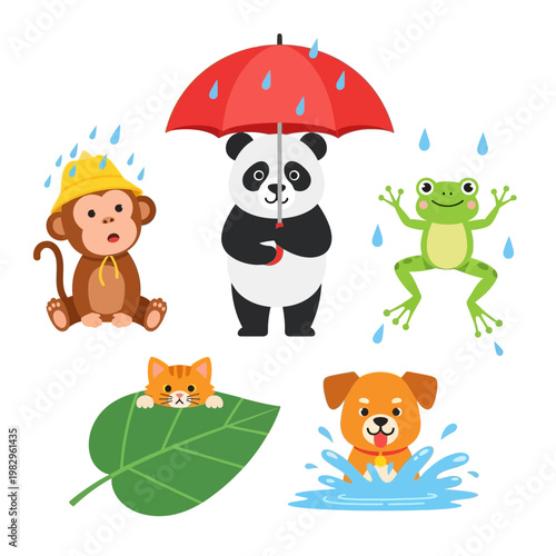雨の日に遊ぶ動物たちのイラスト。パンダ、カエル、猿、猫、犬が水や雨を楽しんでいる様子。