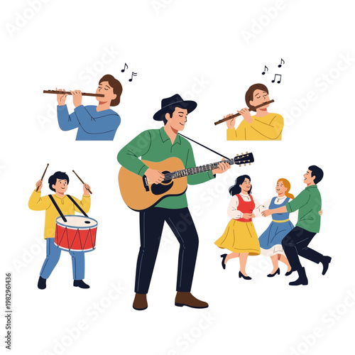 音楽を演奏する男女と子供たちが楽しく踊る様子を描いたイラストです。