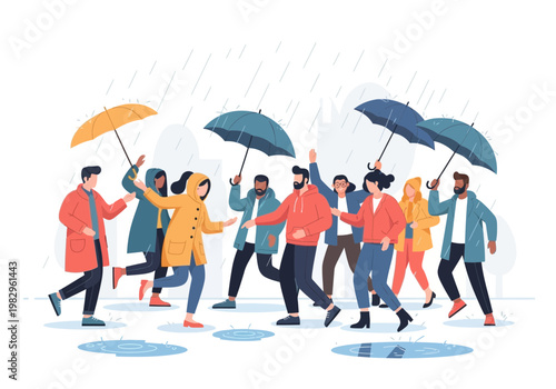 雨の中で傘をさして楽しそうに踊る人々のグループのイラスト。