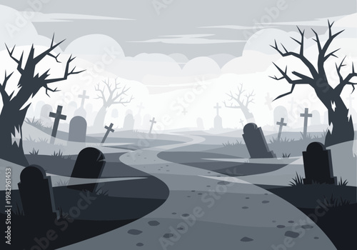 霧に包まれた墓地の風景で、古い墓石と枯れた木が点在している静かな場所です。