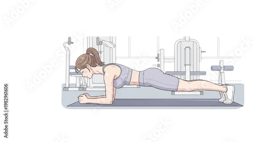 Woman doing plank exercise on mat in gym with equipment transparent background PNG