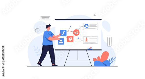 Business presentation with flowchart on whiteboard, man explaining strategy