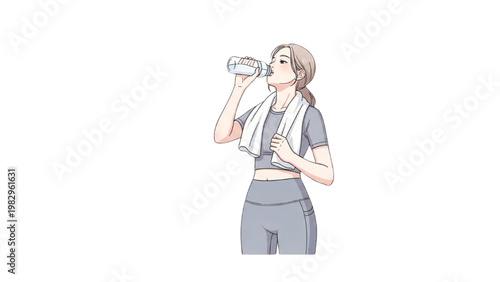 Woman in workout clothes drinking water from a bottle with a towel